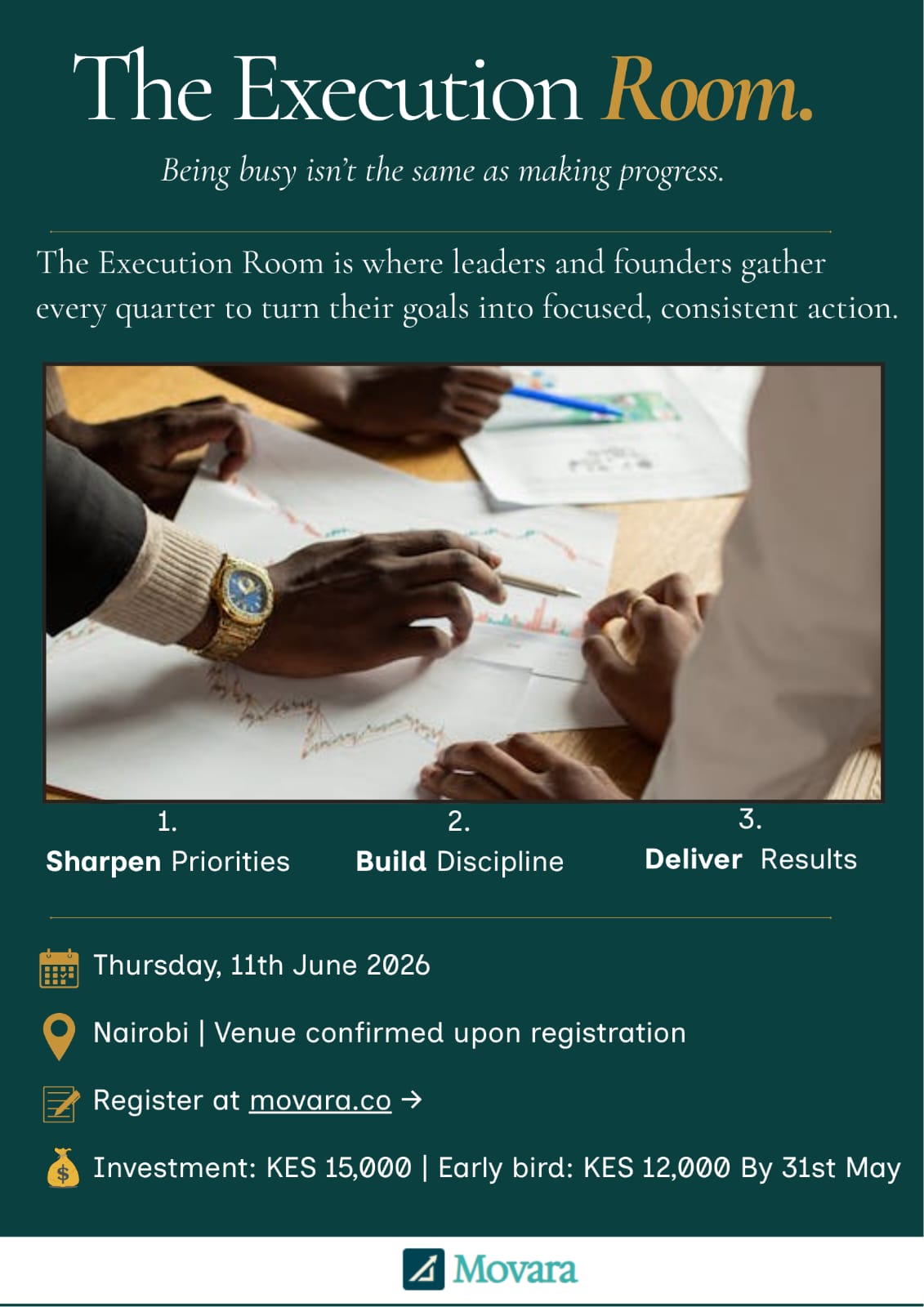 The Execution Room event — leaders working through strategic plans at a table in Nairobi